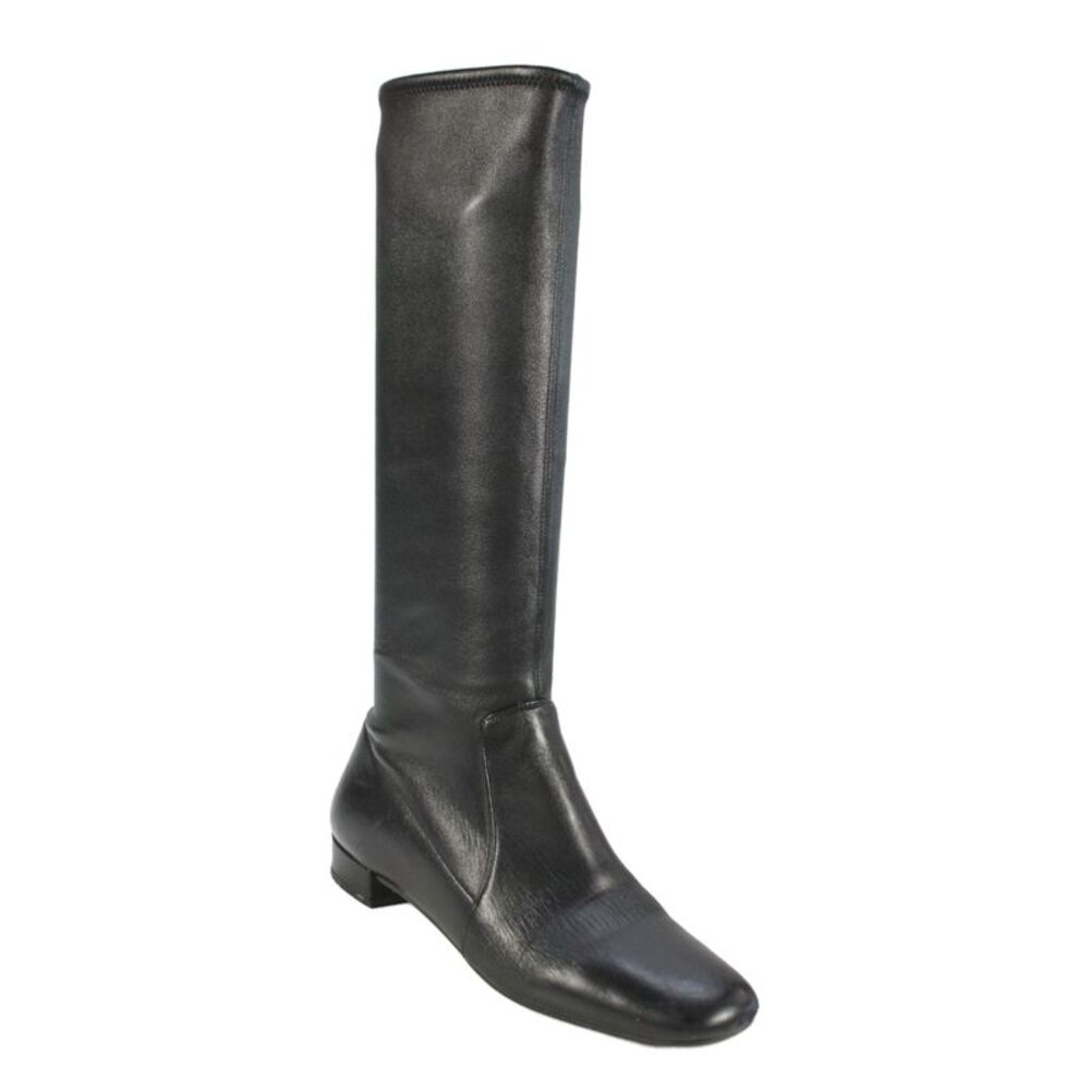 Prada Womens Leather Side Zipped Block Heels Mid-Calf Boots Black Size EUR 36